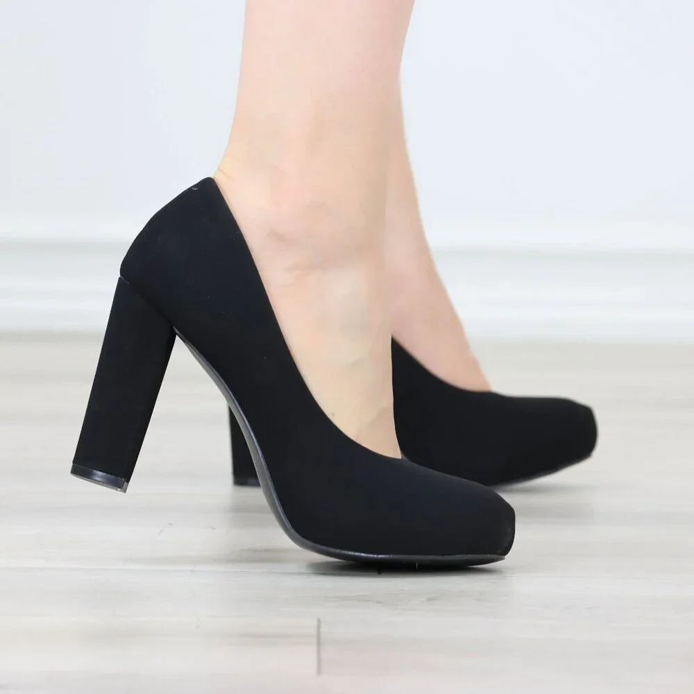 Black Block Heel Pumps Closed Toe Slip On High Heel Classic Style - Picture 11 of 12